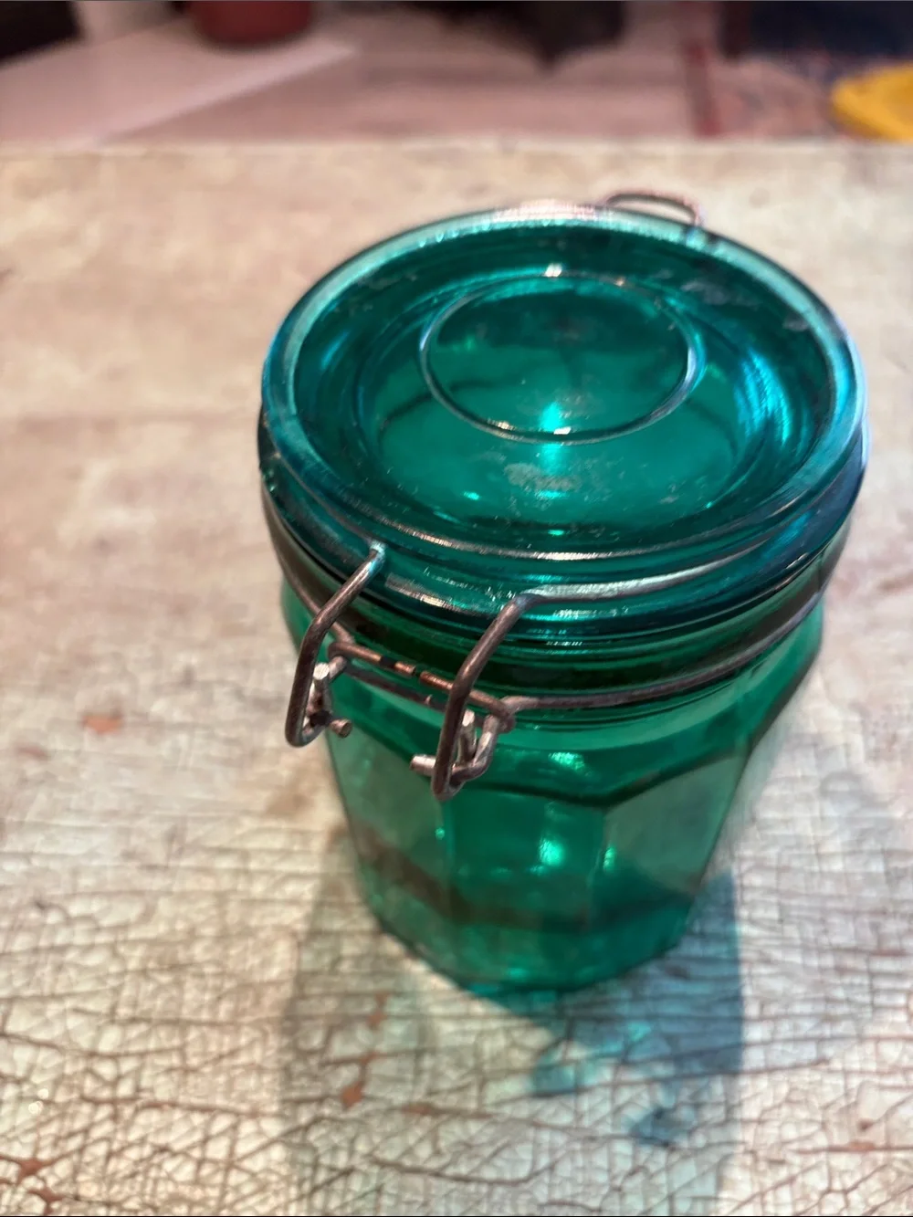 Vintage Emerald Green Glass Canister Wire Bail Clamp Lid 5 Inch